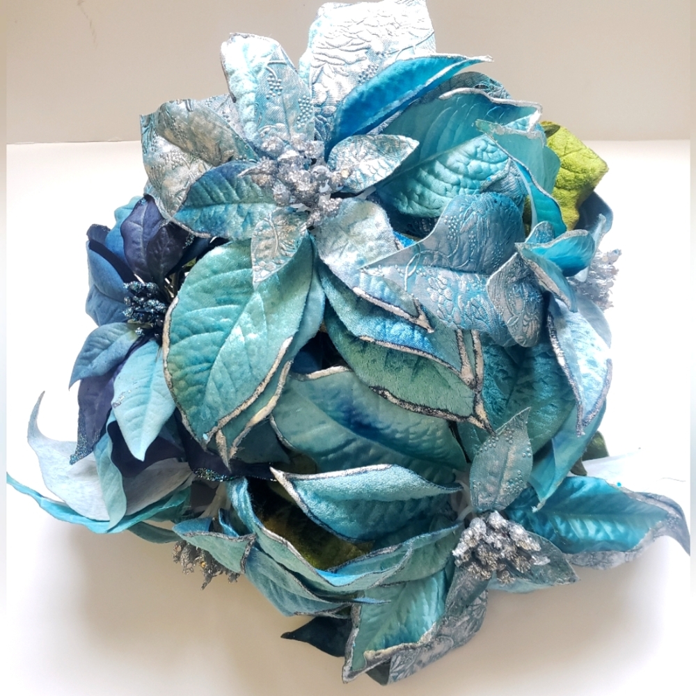 Blue and Silver Faux Floral Poinsettia Accents with Shimmering Textures